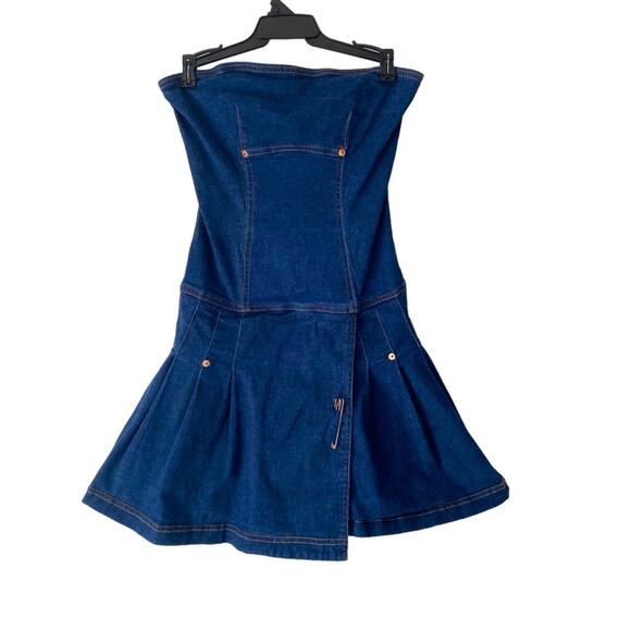 ABS by Allen Schwartz Y2K 90s Denim Strapless Pleated Stretch Mini Dress size 6 - Picture 1 of 6